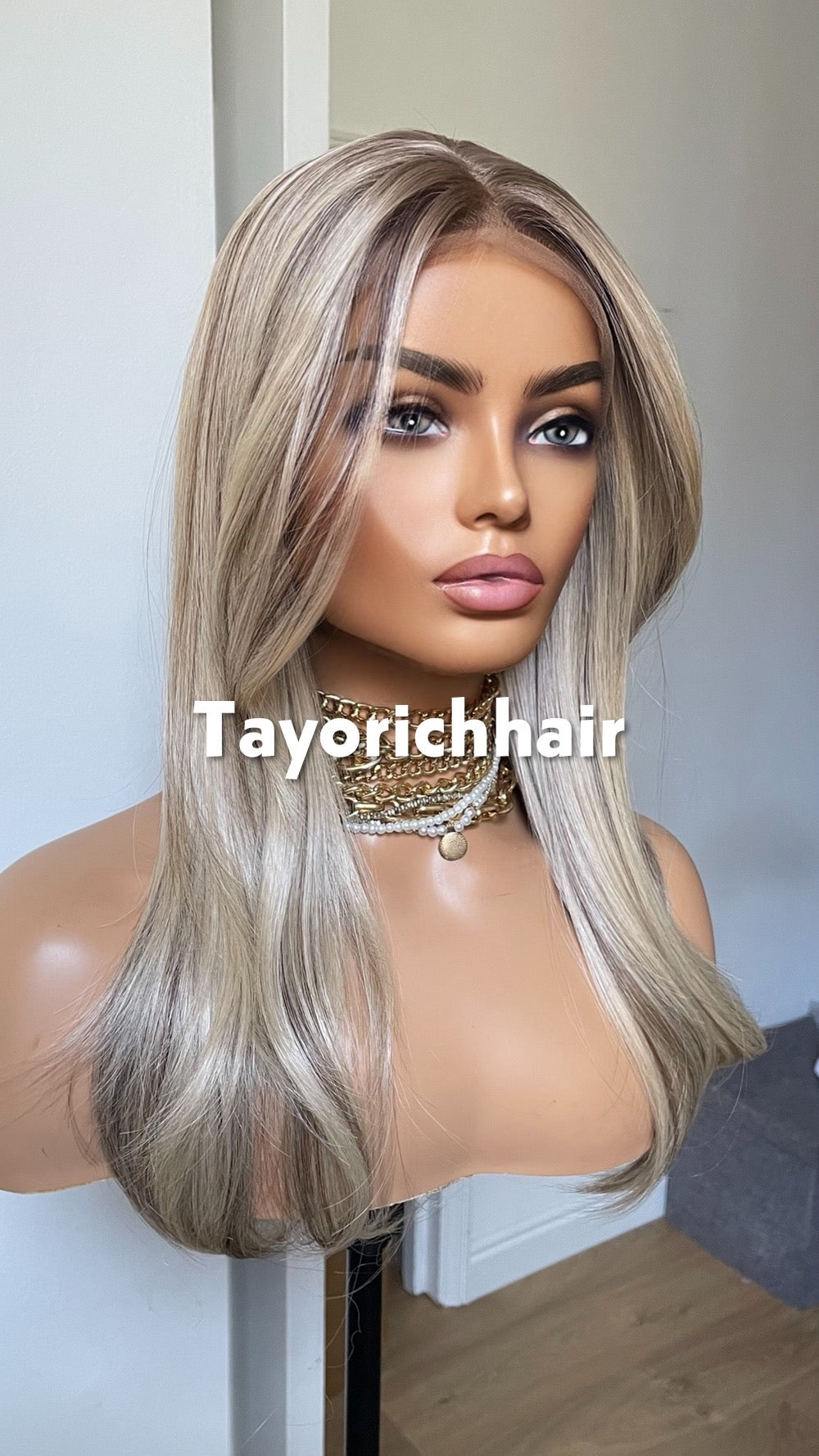 Sunkissed Blonde With Brown Highlights Wig; Lace Frontal Synthetic Wig, 16 Inches, Low Density Wig