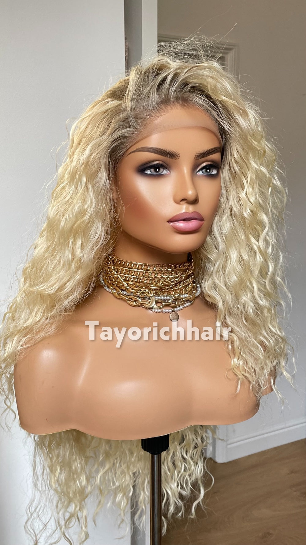 Bleach Blonde Curly Wig with Dark Roots | 20” Lightweight