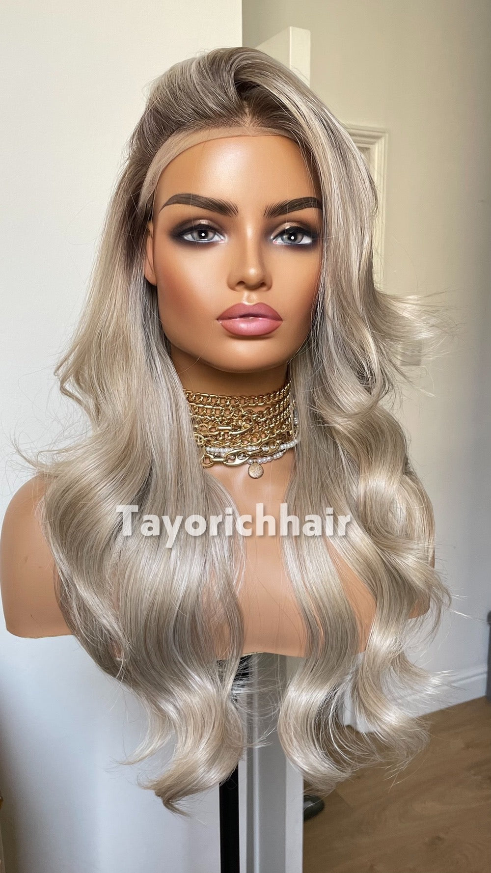 Ash Blonde Wig Lace Front Wig; Dark Roots, Highlights, Wavy Hair, Layered