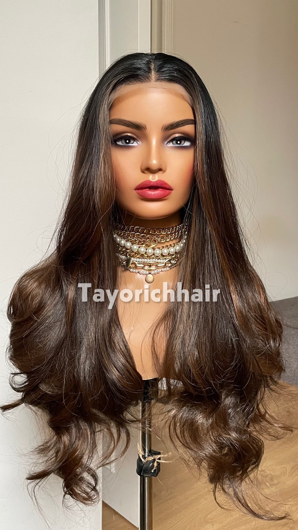 Dark Brown Highlighted Synthetic Lace Front Wig – 24 Inch, Glueless, Heat Safe
