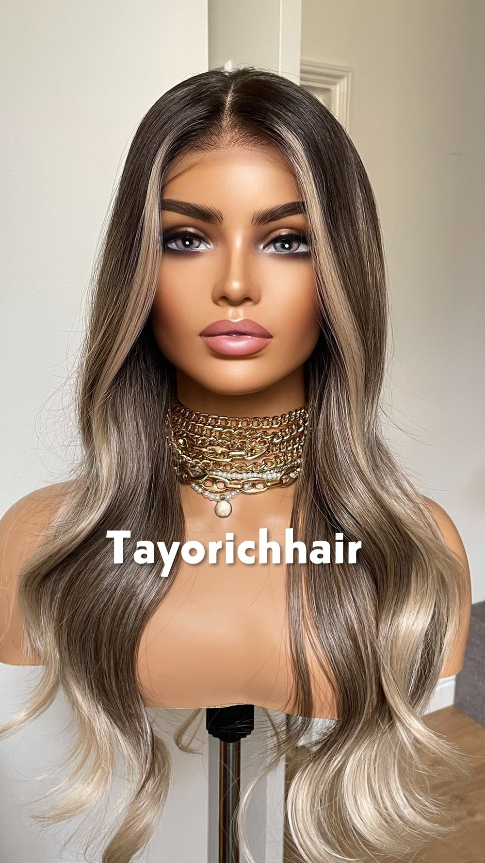 Tayorichhair 20" Dark Ash Blonde Wavy Synthetic Wig – 13x4 Transparent Lace, Glueless Money Piece Highlights (150% Density)