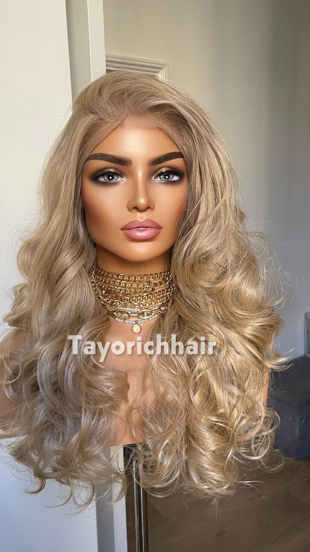 Natural Ash Blonde Spiral Curly Wig | 16” Heat Safe Synthetic Lace Front Wig | 13x6 Transparent Lace | Free Part | Vintage Hollywood Elegance | Tayorichhair