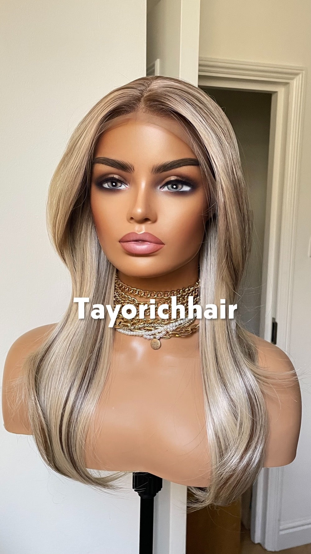 Sunkissed Blonde With Brown Highlights Wig; Lace Frontal Synthetic Wig, 16 Inches, Low Density Wig