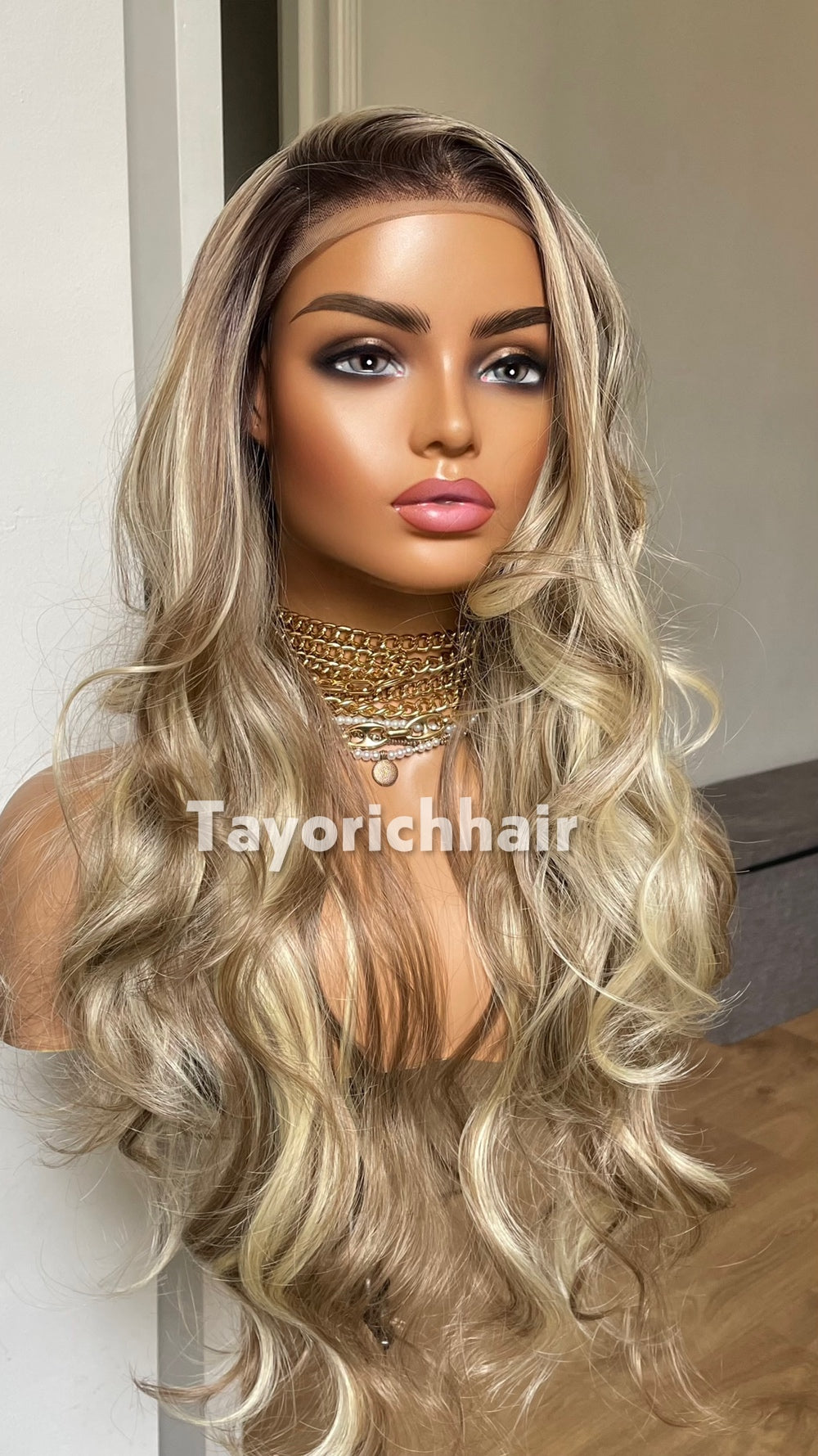 Mixed Blonde Synthetic Wig With Dark Root•Wavy Hair Lace Front Wig With 13x4 Lace•24 Inches Rooted Blonde Wig For Women•Middle Part Lace Wig