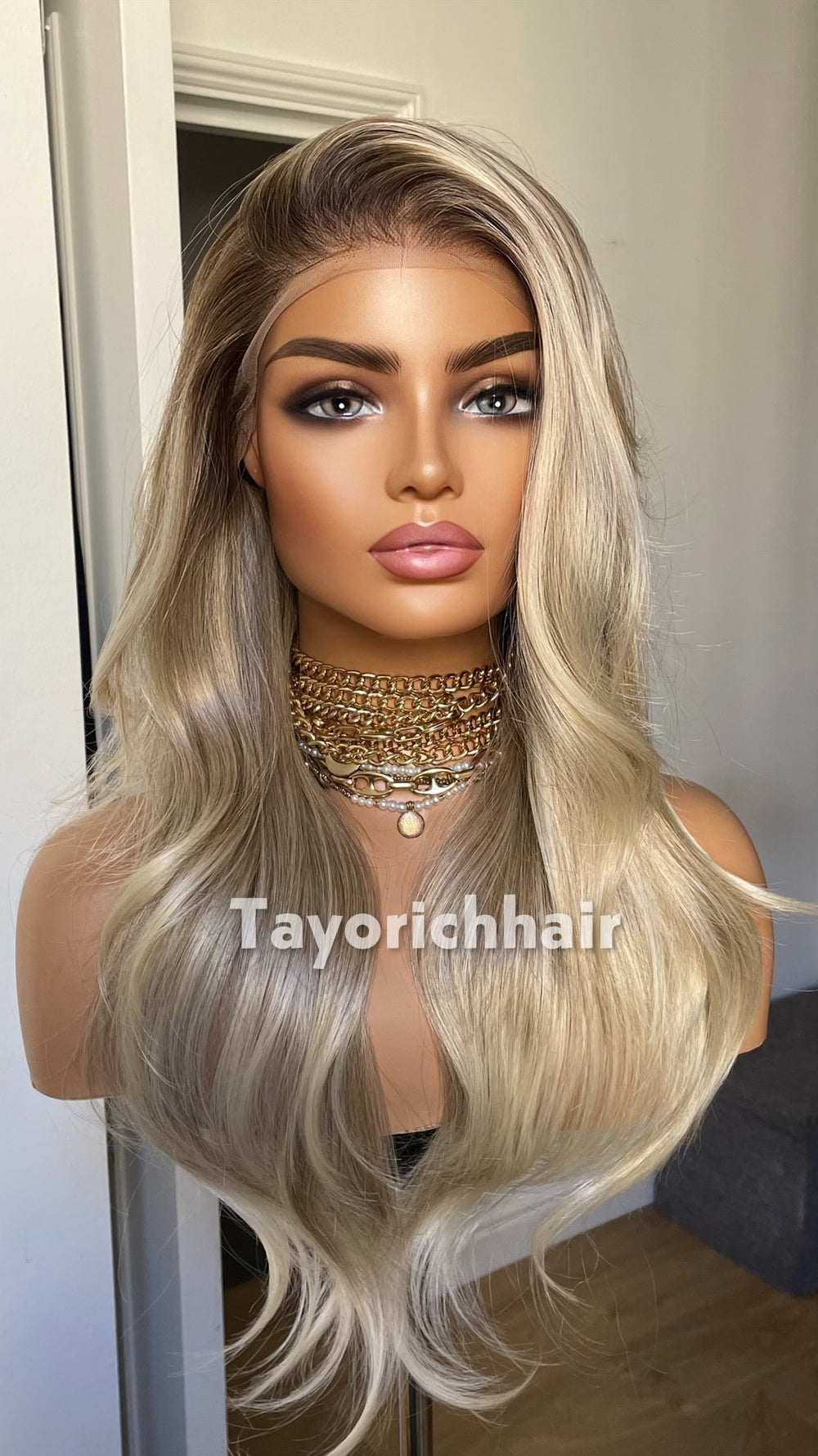Medium Ash Blonde Wig with Soft Highlights | 22” Layered Wavy Lace Front Wig | Natural Looking Glueless Wig | Tayorichhair