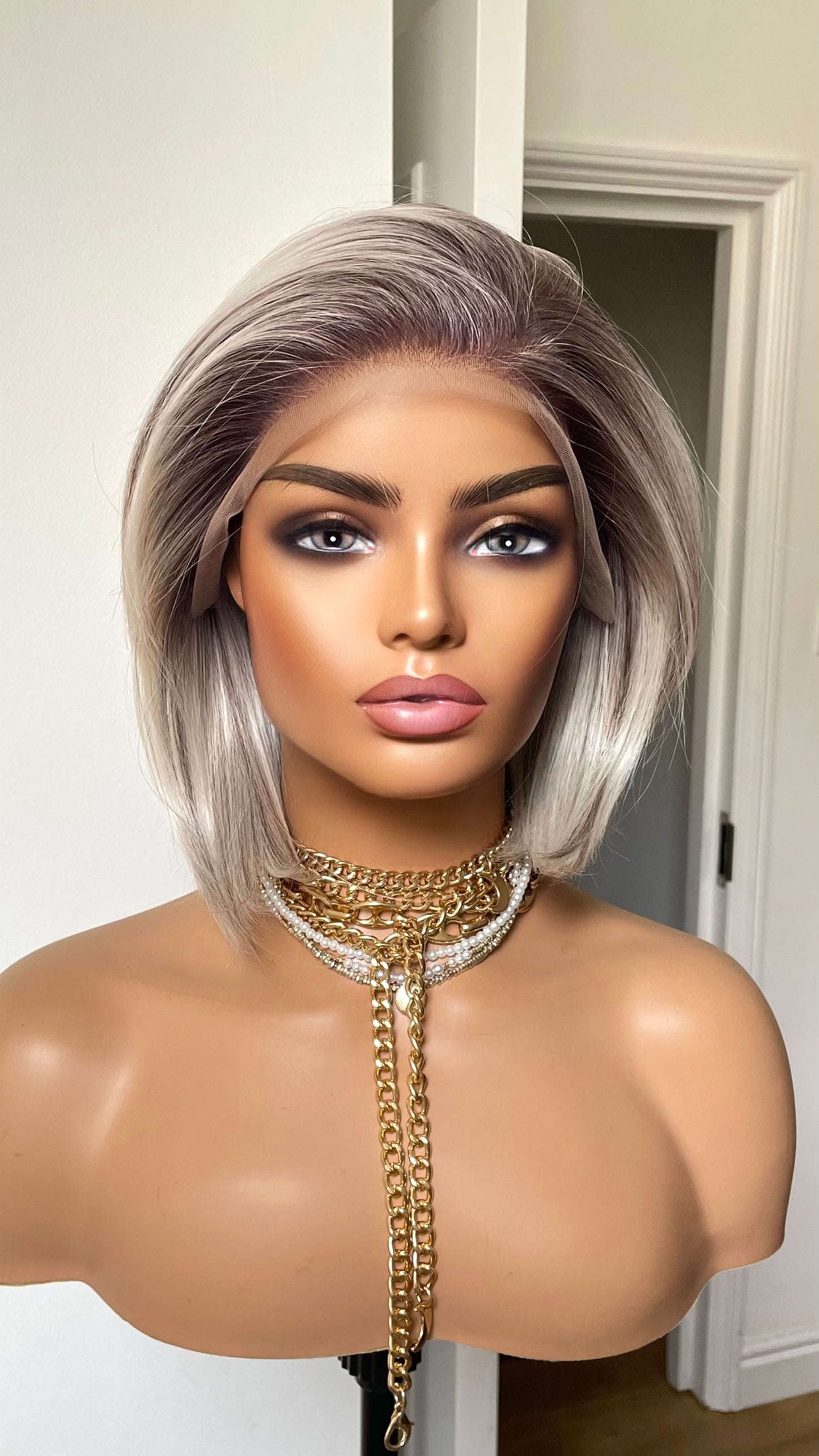 Salt and Pepper Short Bob Wig: Synthetic Lace Frontal, Brown Roots
