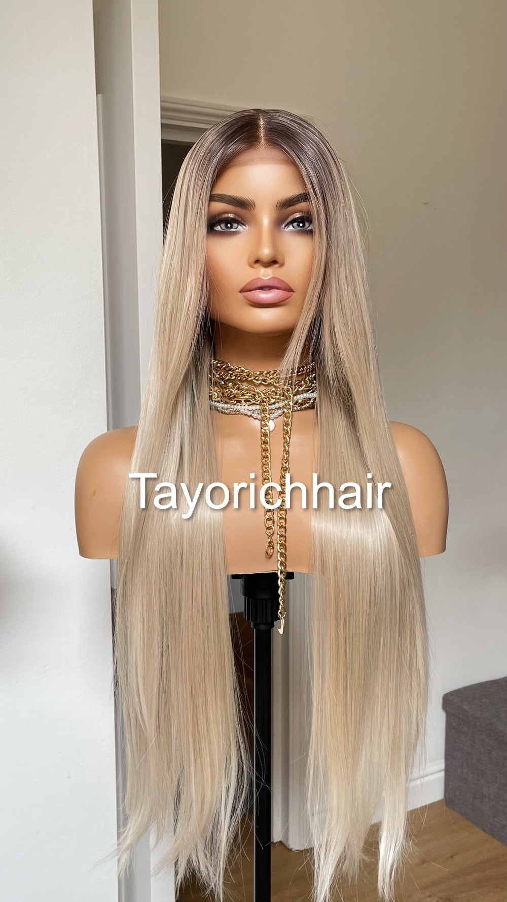 Rooted Pearl Blonde Heat Friendly Synthetic Lace Frontal Wig With 13 By 6 Wide Lace/ Straight Blonde Hair Wig Fror Women/Tayorichhair Wigs
