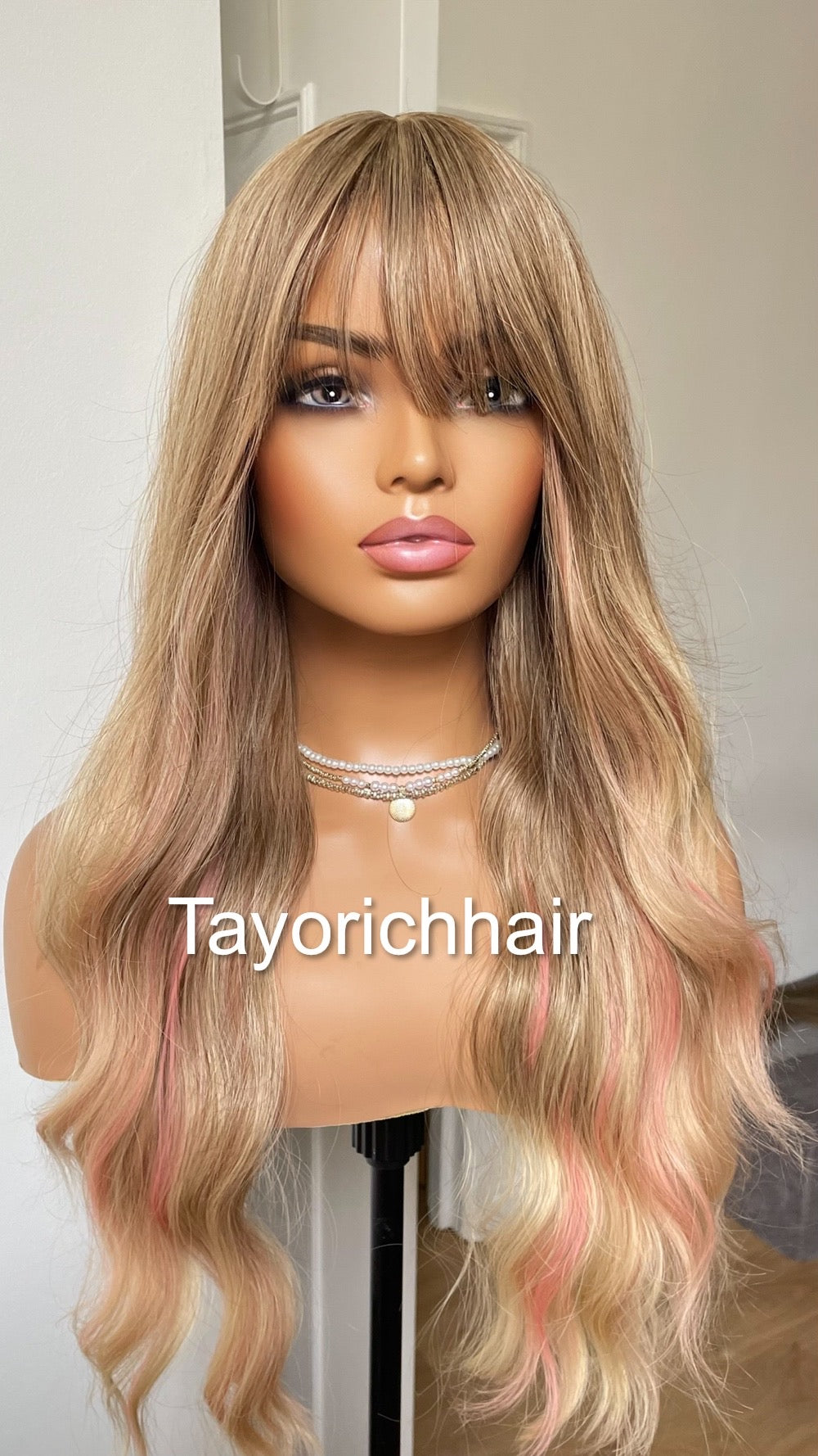 Ash blonde No Lace Wig With Bangs And Pink Streaks