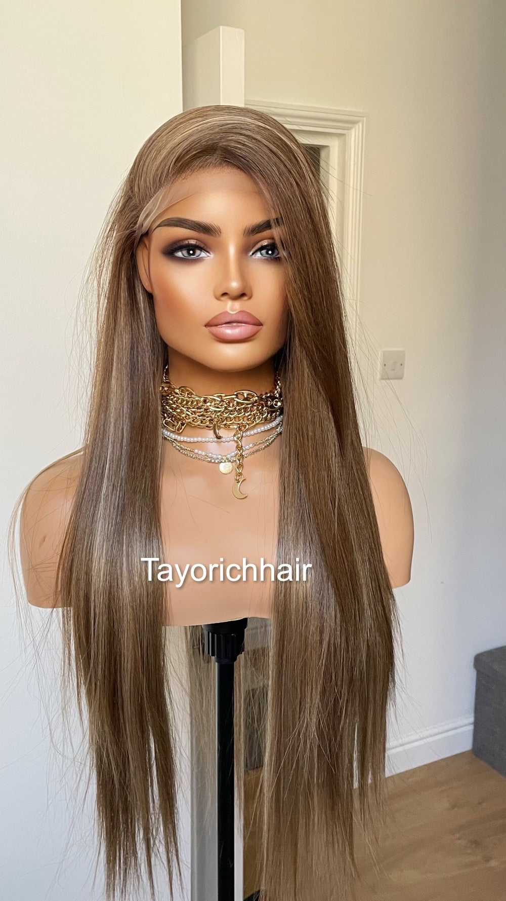 Dark Ash Brown Synthetic Lace Frontal Wig/13 by 6 Lace Frontal/Long Straight Lace Wig/Dark Ash Brown Wig With Mild Highlights/Tayorichhair