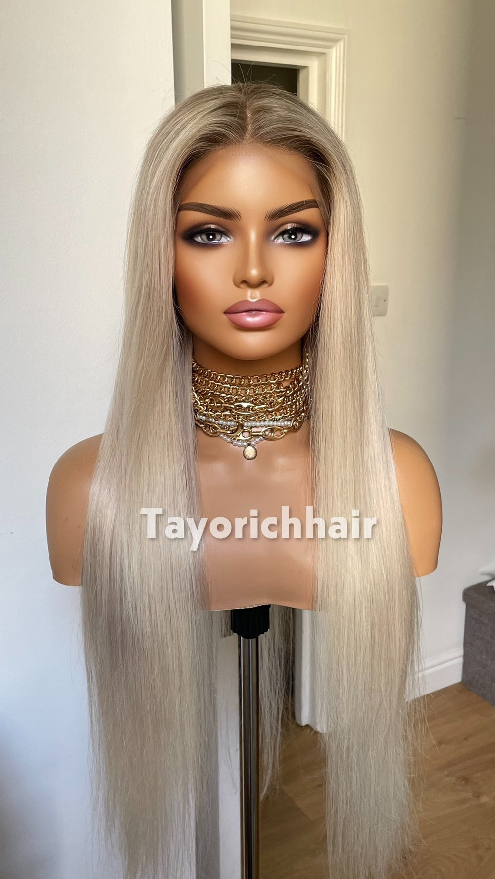 TayoRichHair 13x4 HD Lace Front Ash Platinum Blonde Straight Wig – 100% Human Hair (24 Inch, 200% Density, Dark Roots, Average Cap)