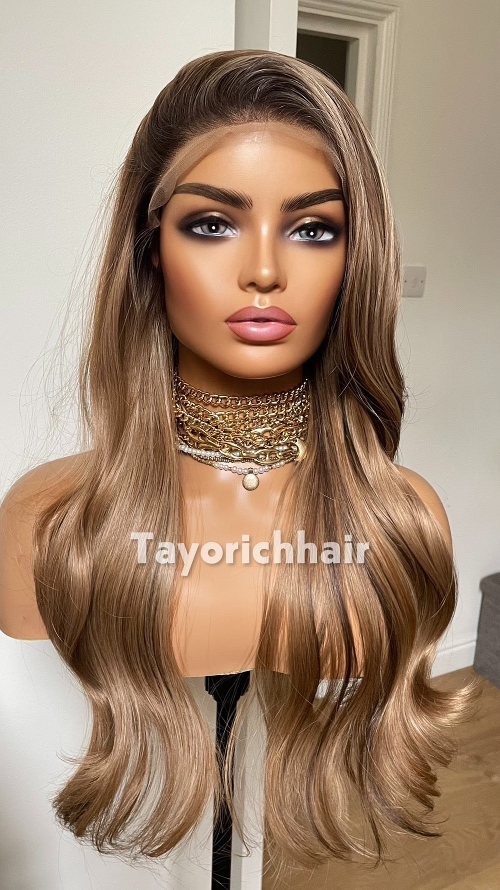 Rooted Dark Blonde Lace Wig With Highlights; Wavy Hair, Heat Resistant Synthetic