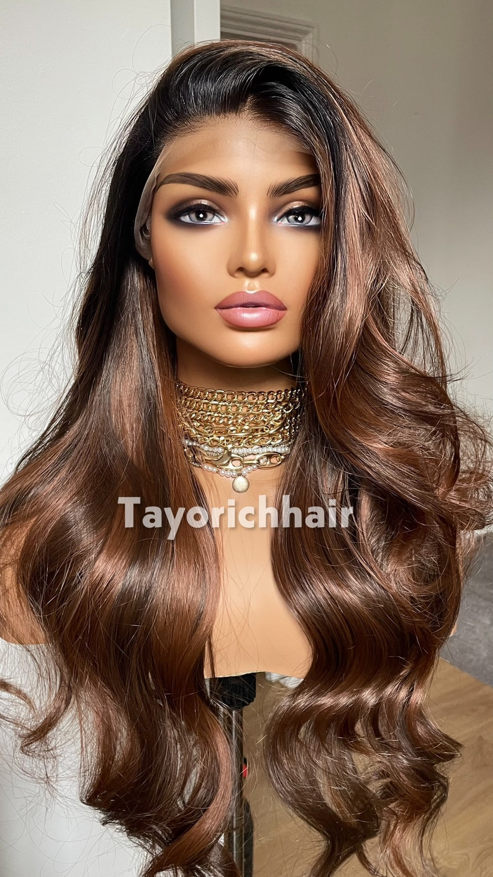 Tayorichhair 26-Inch Mahogany Brown & Black Bouncy Wavy Synthetic Wig – Black Roots, 13x4 Transparent Lace Front, Medium Cap Daily Wear Unit