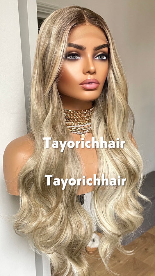 Sandy Creamy Vanilla Blonde Mix Lace Front Wig: Dark Roots, 24" Bouncy Waves