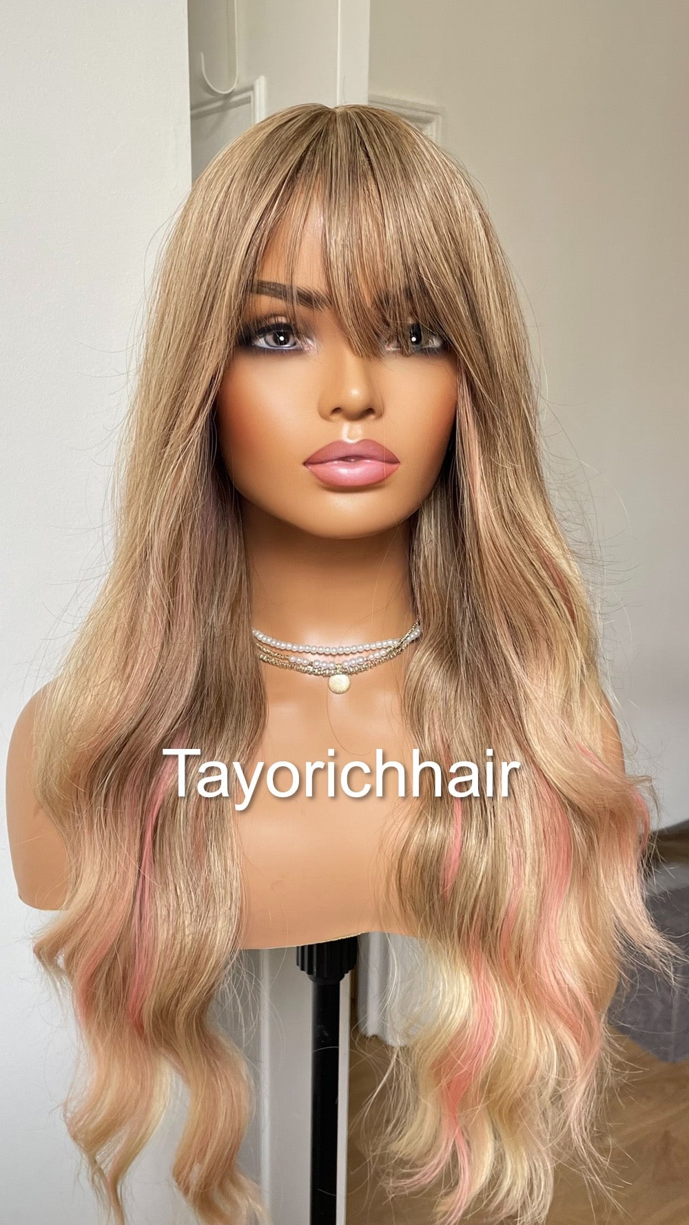 Ash blonde No Lace Wig With Bangs And Pink Streaks
