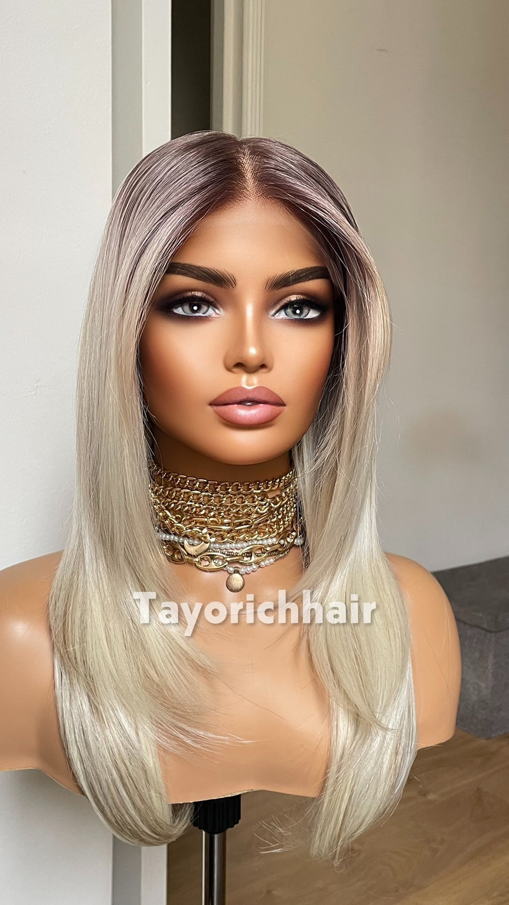 Blonde 16” Feathered Layered Wig | Dark Roots & Lowlight