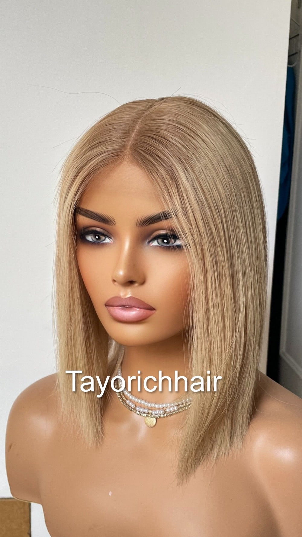 Bob Real Hair Wig/ Ash Blonde Front  Top Wig With Dark Brown Roots/ European Hair Wig