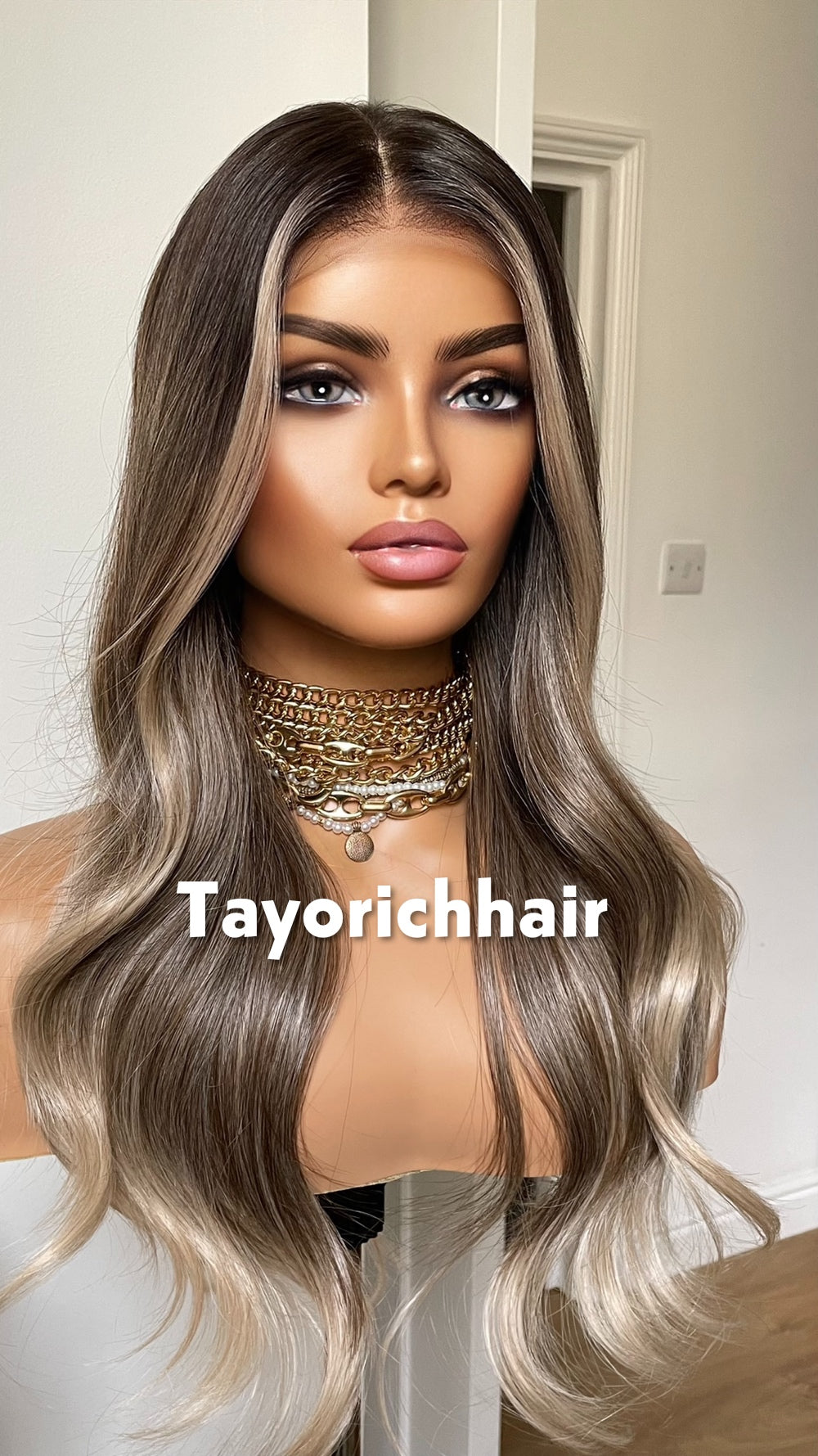 Tayorichhair 20" Dark Ash Blonde Wavy Synthetic Wig – 13x4 Transparent Lace, Glueless Money Piece Highlights (150% Density)