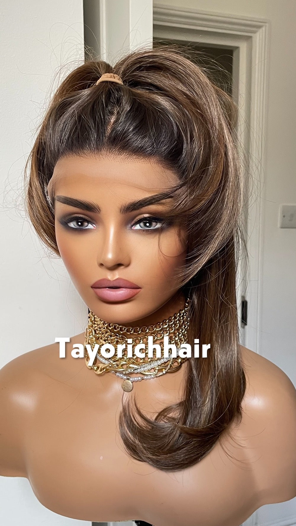 Brown 14-Inch Bob Wig With Highlights; Black Roots, 13by6 Lace Synthetic Wig