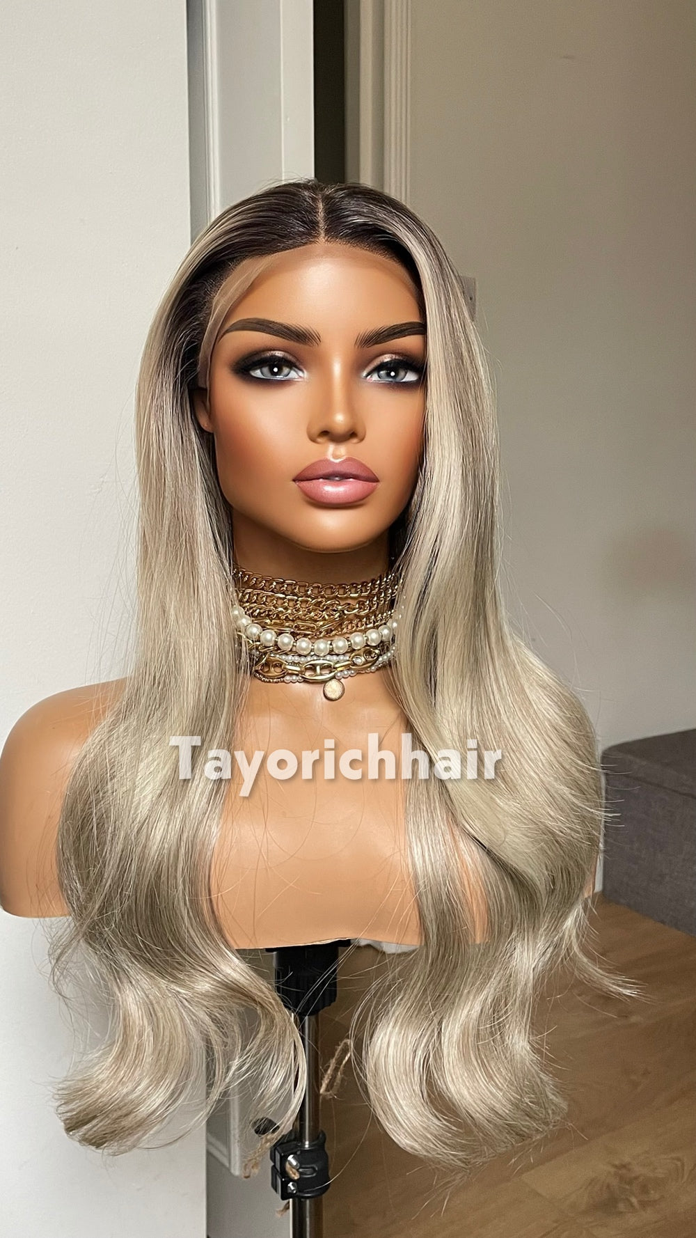 Dark Ash Blonde Synthetic Lace Front Wig with Black Roots & Money Piece Highlights – 18/20 Inch