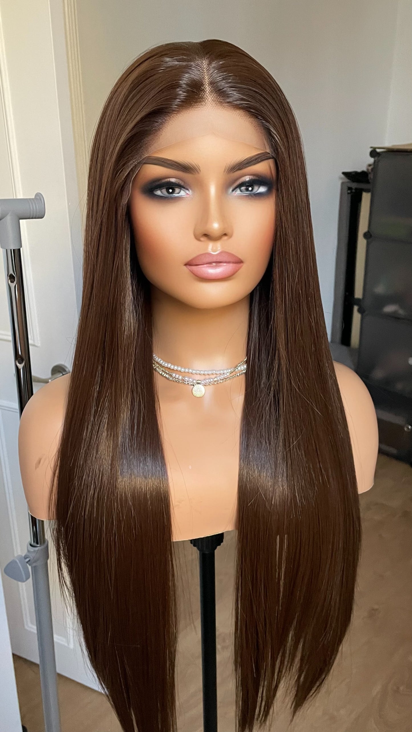 Dark Brunette Brown Lace Front Straight Wig For Women Natural Looking 13x3 Lace Front Wig With Realistic Hair Line Heat Friendly Synthetic