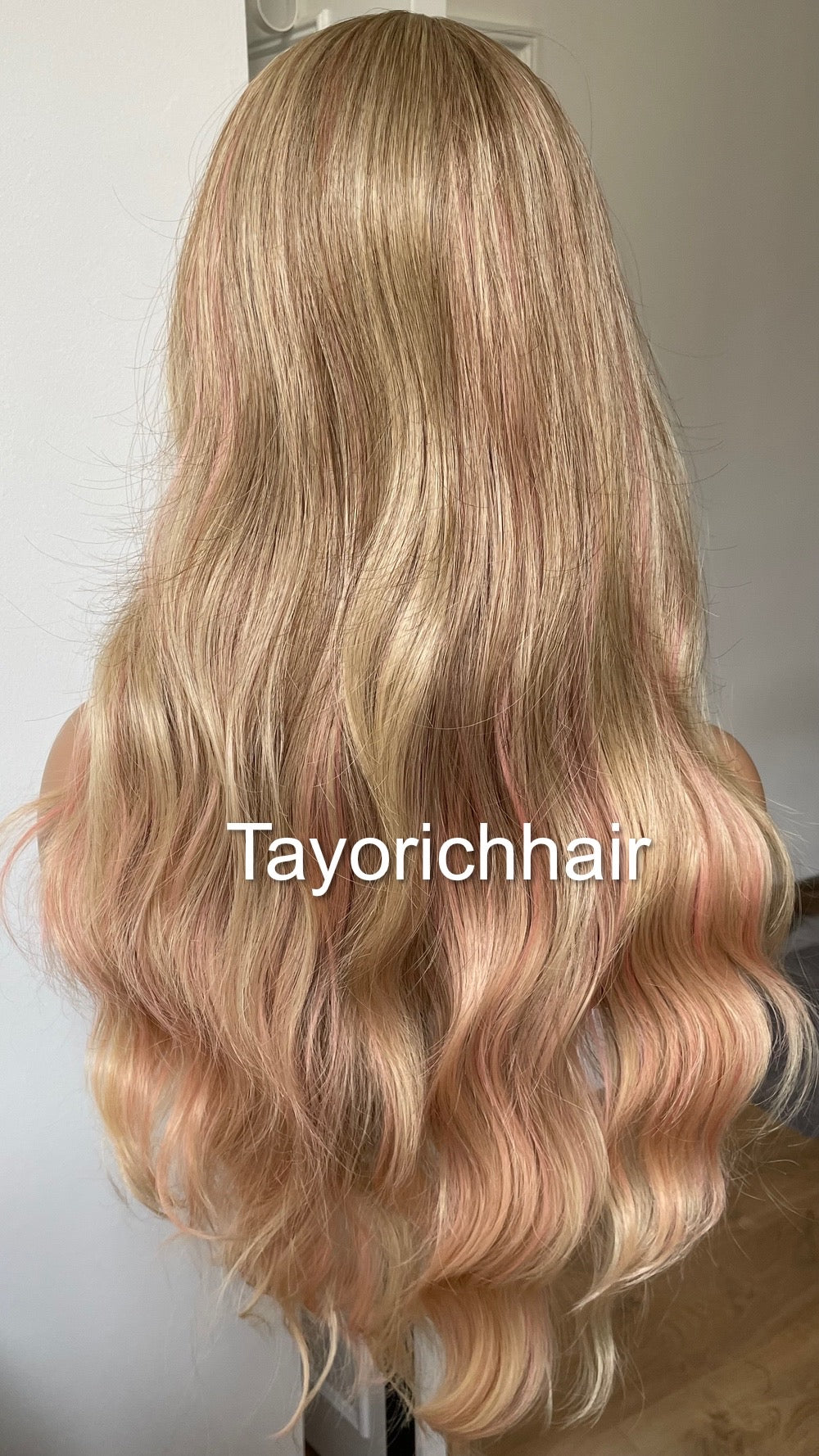 Ash blonde No Lace Wig With Bangs And Pink Streaks