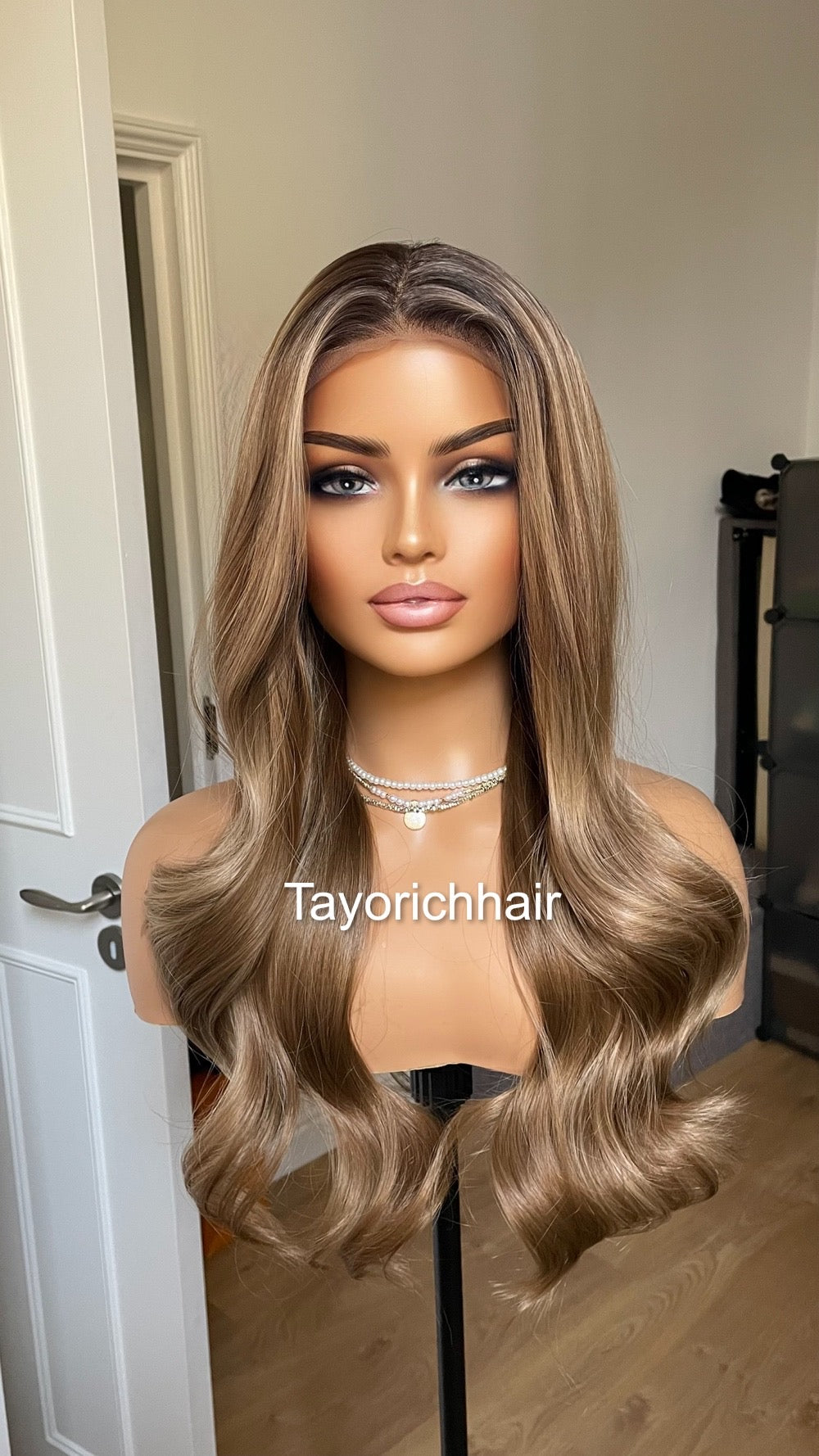 Mixed Ash Brown Lace Frontal Wig With Black Roots/ Mixed Brown Synthetic Wig For Womem Daily Wear Alopecia Hairloss Wigs/ Brown Wavy Hair