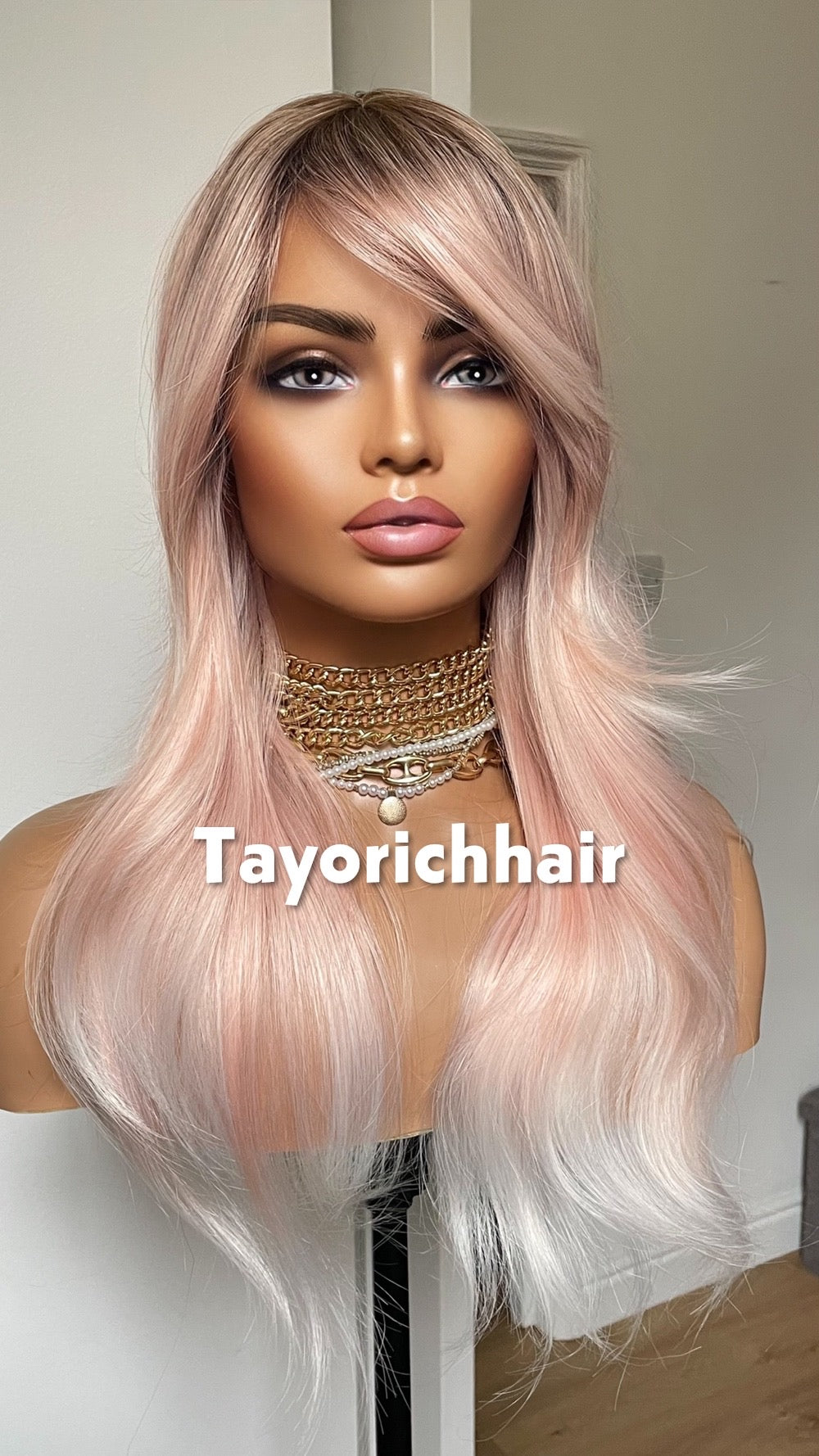 Baby Pink Wig with Dark Roots & Blonde Highlights | 18” Layered Wavy Heat-Safe Synthetic Wig | Bangs | Glueless | Tayorichhair