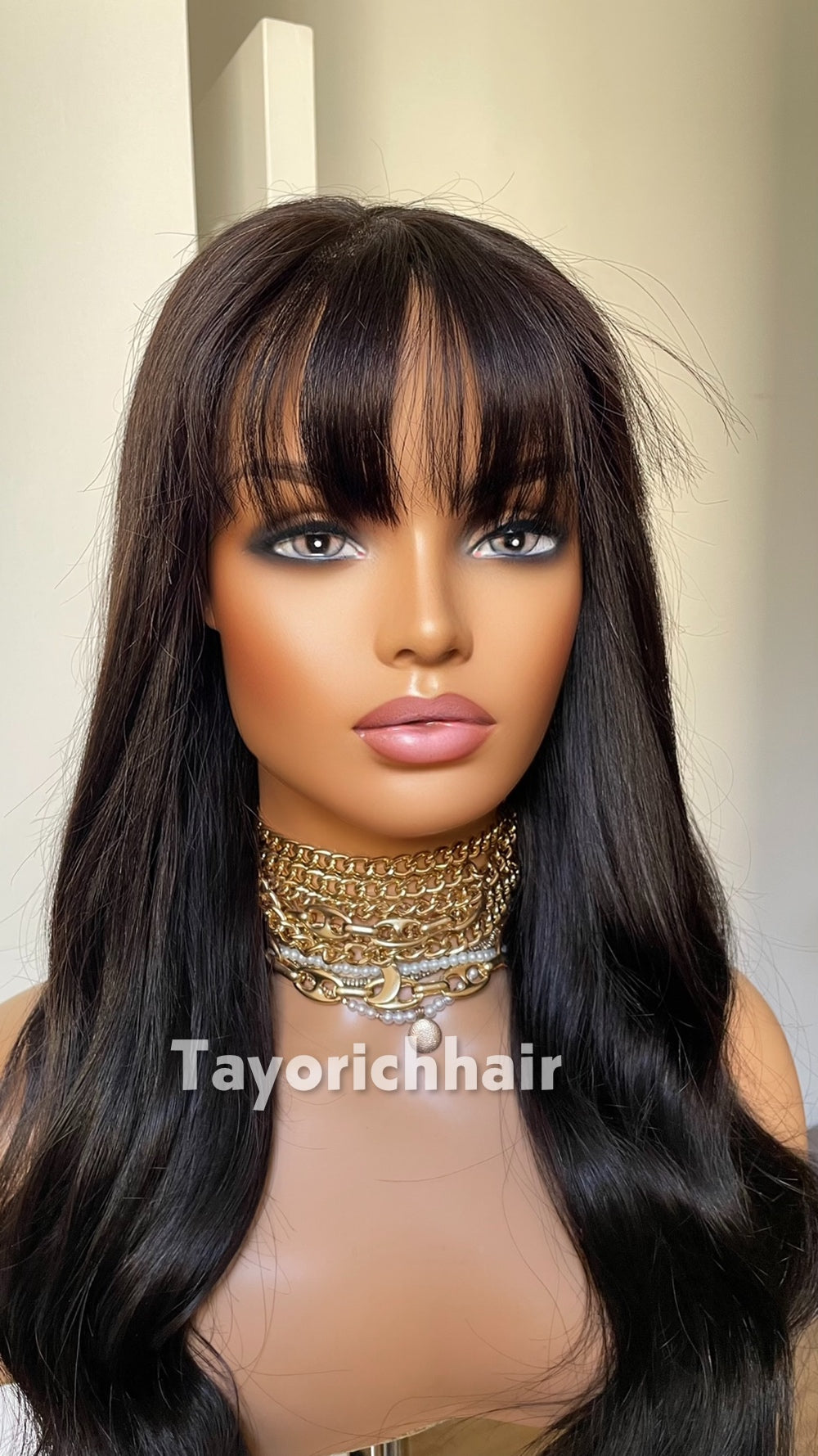 TayoRichHair 4x4 HD Lace Wavy Wig with Bangs – 100% Soft Human Hair (24 Inch, 150% Density, Color 1B, Small/Extra-Small Cap, Snug Glueless Fit)