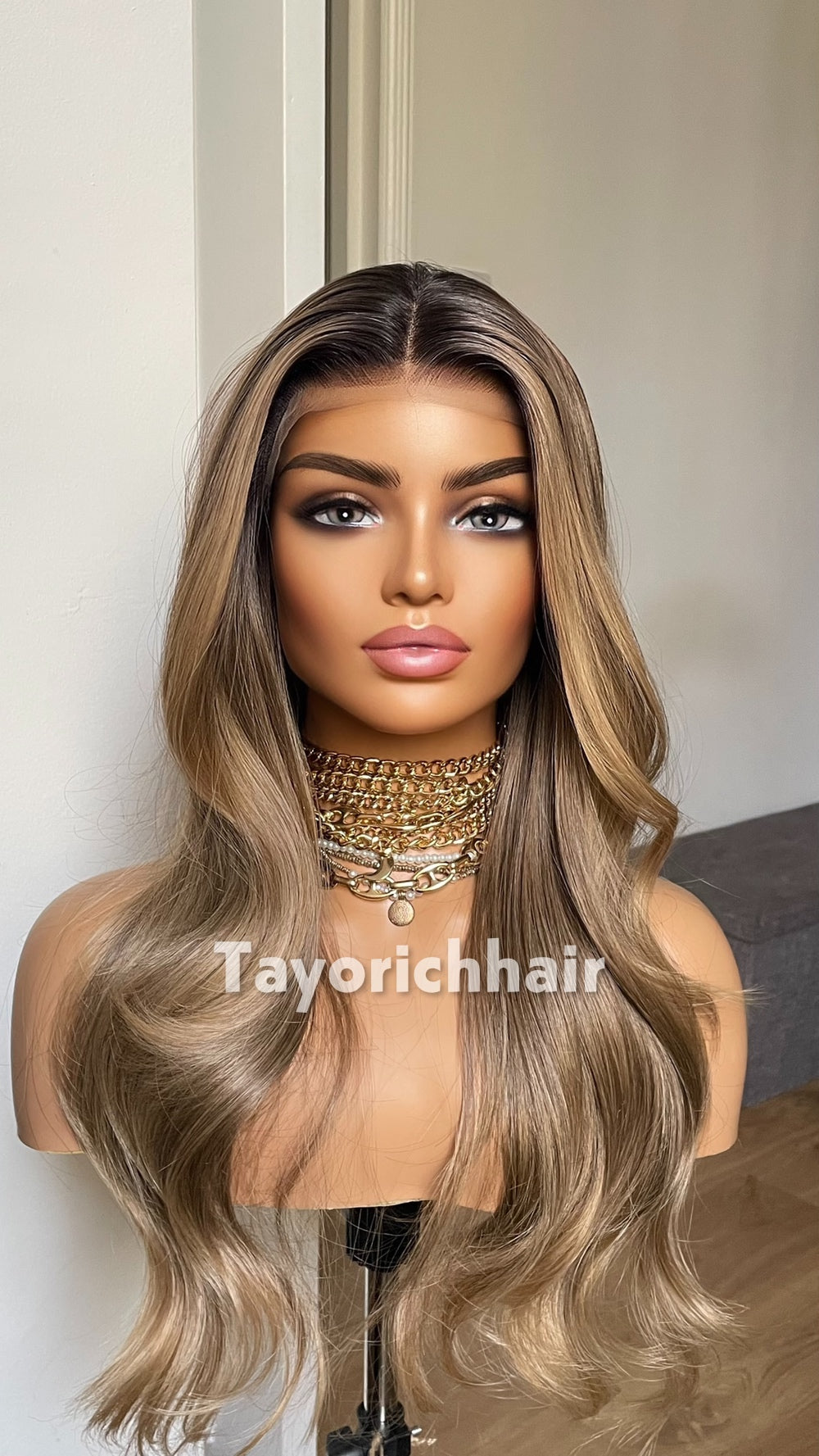 Dark Ash Brown Wig with Blonde Highlights & Black Roots | 20” Wavy