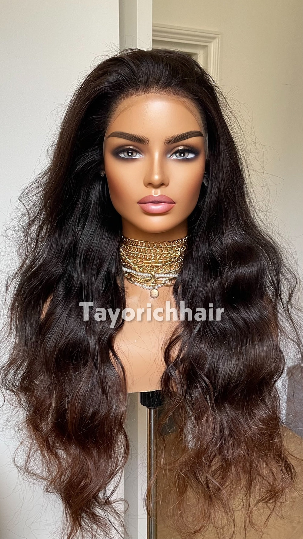 Ombre Black to Brown Human Hair Lace Front Wig | 24” Wavy HD Lace Wig | 13x4 Glueless Wig | 100% Human Hair | Tayorichhair