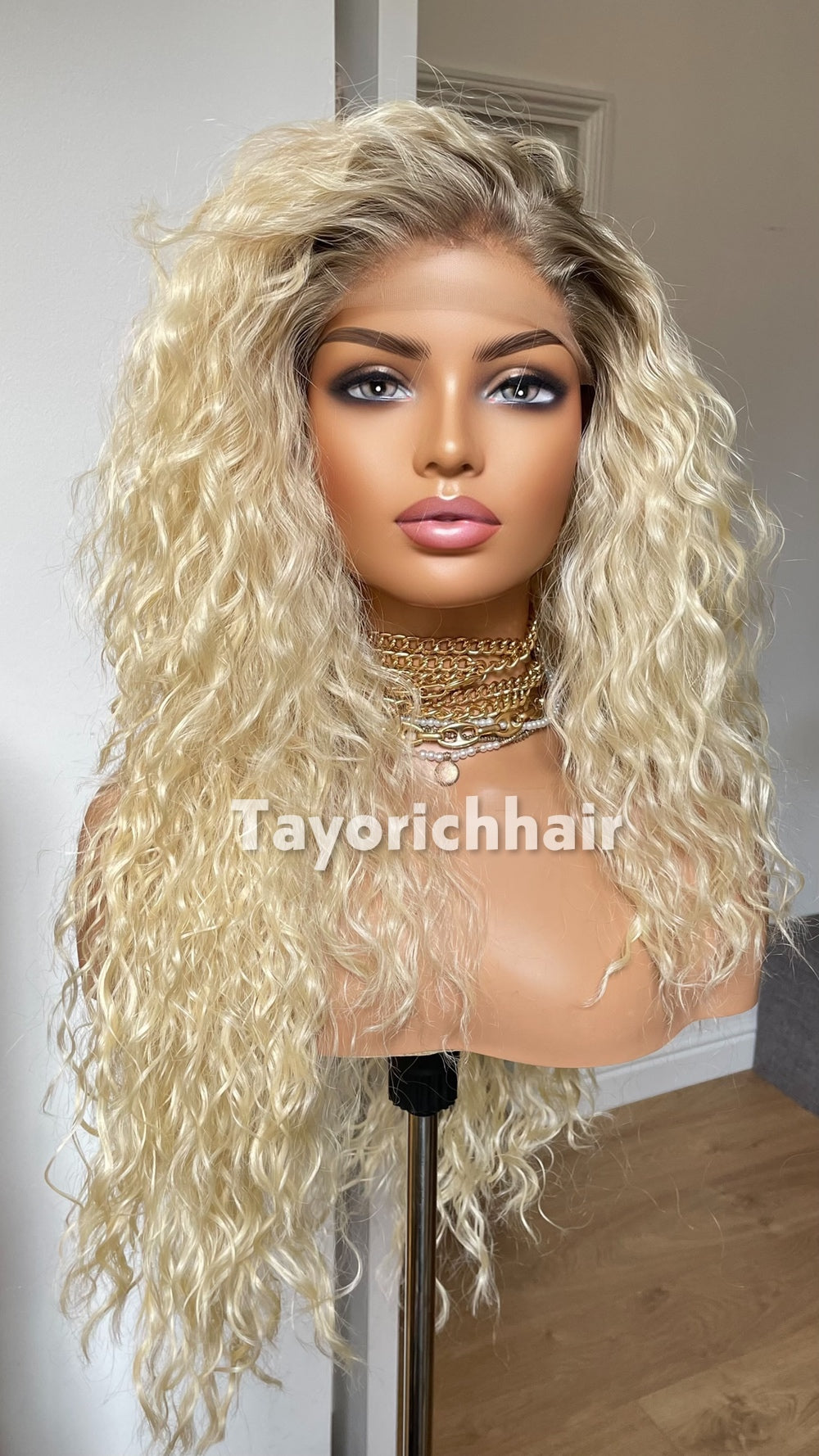 Bleach Blonde Curly Wig with Dark Roots | 20” Lightweight