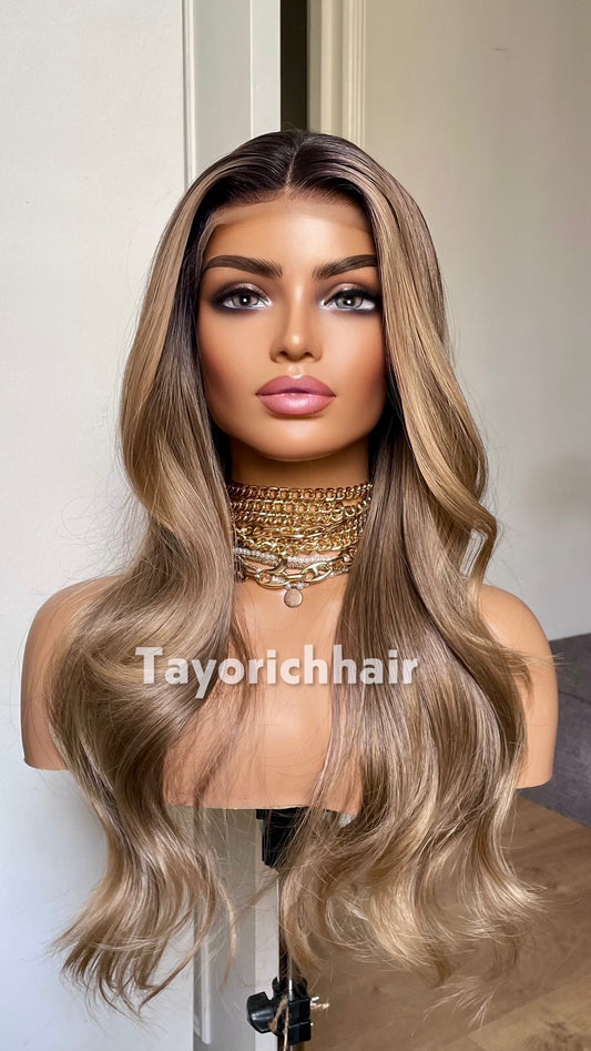 Dark Ash Brown Wig with Blonde Highlights & Black Roots | 20” Wavy