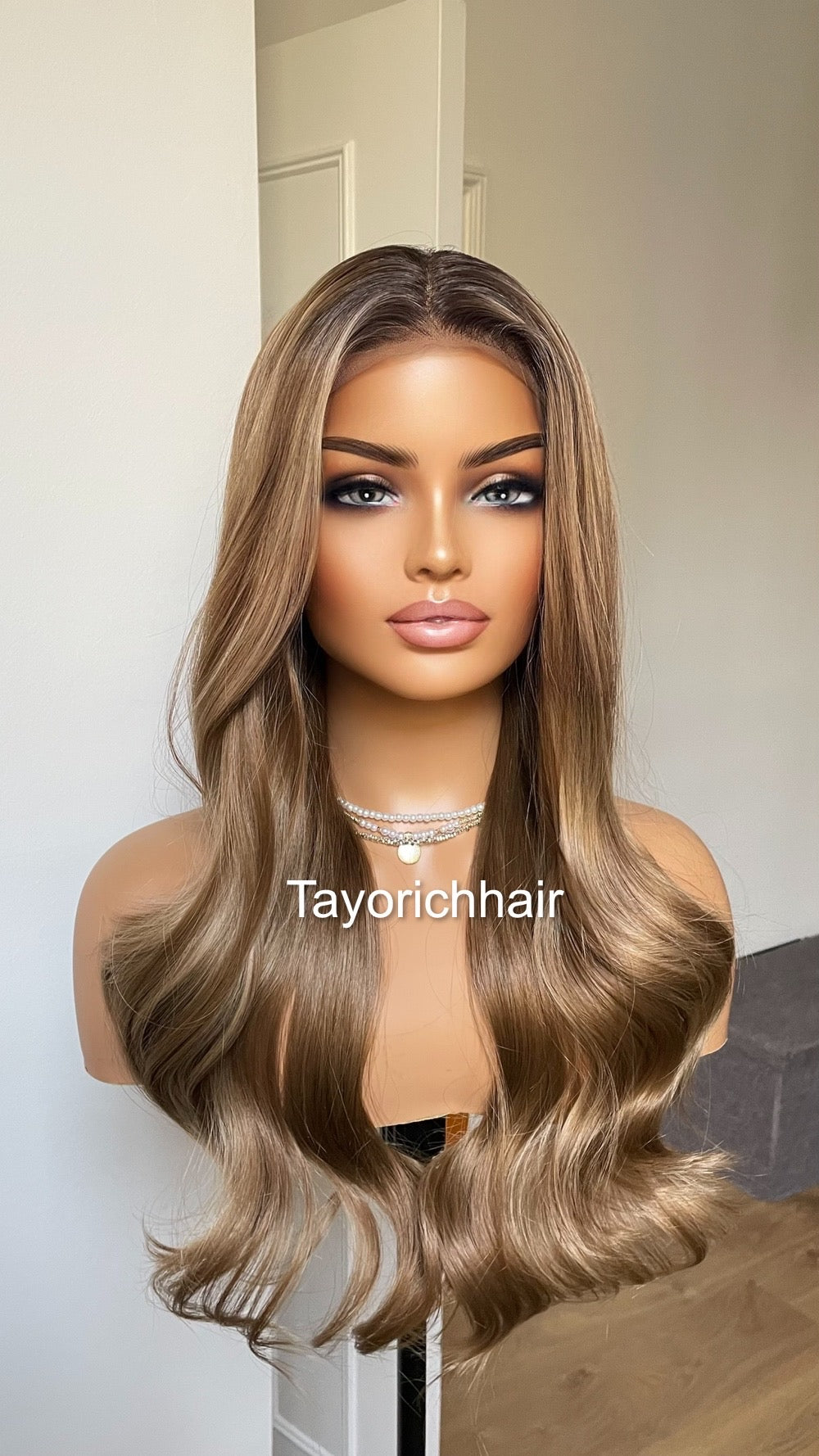 Mixed Ash Brown Lace Frontal Wig With Black Roots/ Mixed Brown Synthetic Wig For Womem Daily Wear Alopecia Hairloss Wigs/ Brown Wavy Hair