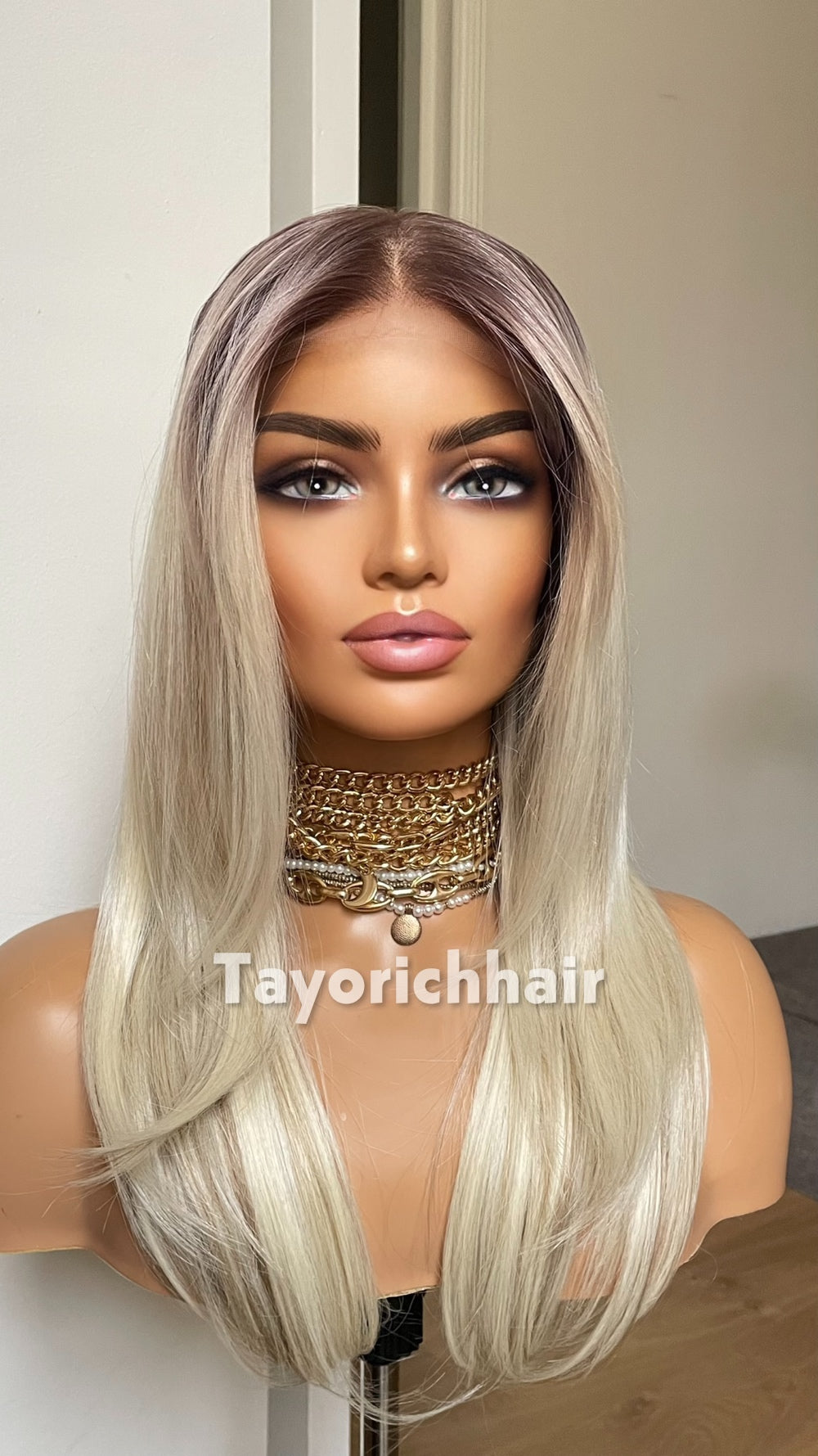 Blonde 16” Feathered Layered Wig | Dark Roots & Lowlight