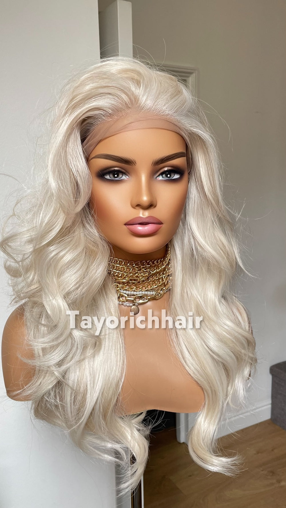 Tayorichhair Premium 16" Heat-Safe Synthetic Hair Wig – Platinum Blonde with Mild Lowlights, Pre-Plucked 13x6 Deep Lace Front (Free Parting)