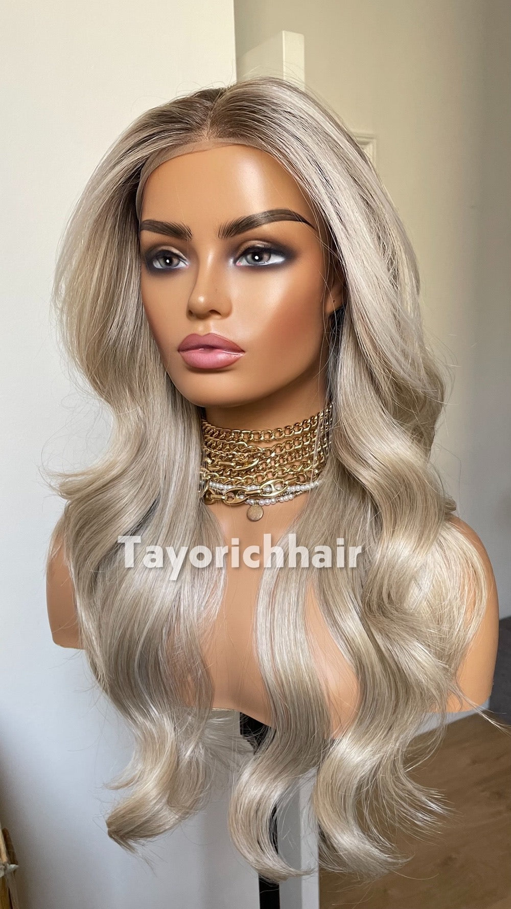 Ash Blonde Wig Lace Front Wig; Dark Roots, Highlights, Wavy Hair, Layered