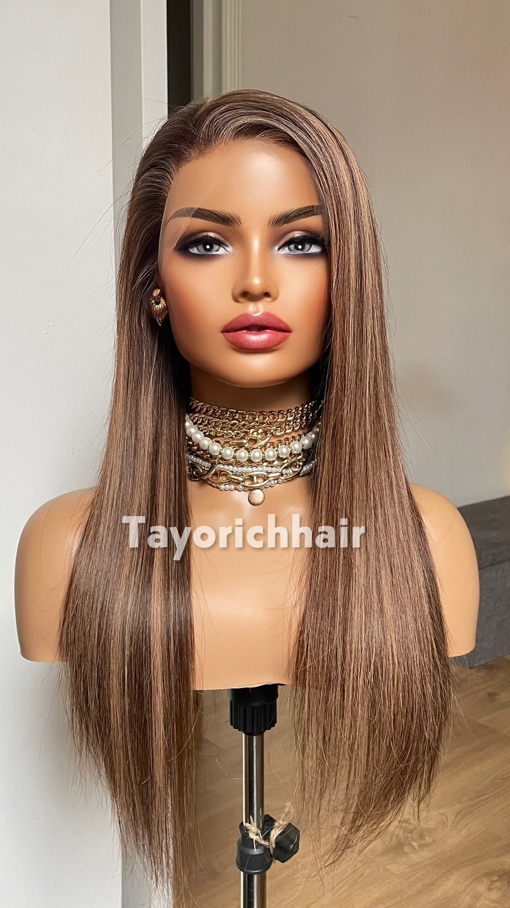 18-Inch Dark Brown & Blonde Human Hair Wig – 13x4 HD Lace Frontal