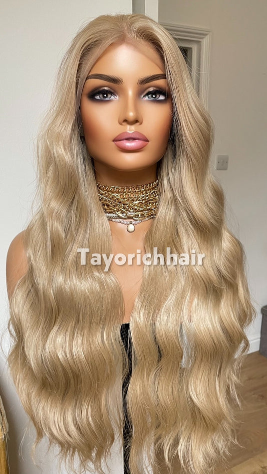 TayoRichHair | 24" Natural Ash Blonde Beach Wavy Lace Front Wig (13x6 Transparent Lace)