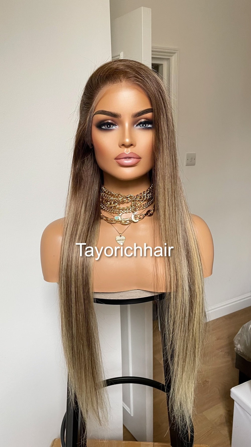 Ombre Balayage Brazilian Human Hair Wig•13x4 HD Lace Wig•Dark Brown Roots 26 Inches Long Straight Hair Wig•Ready To Ship Wig For Hairloss
