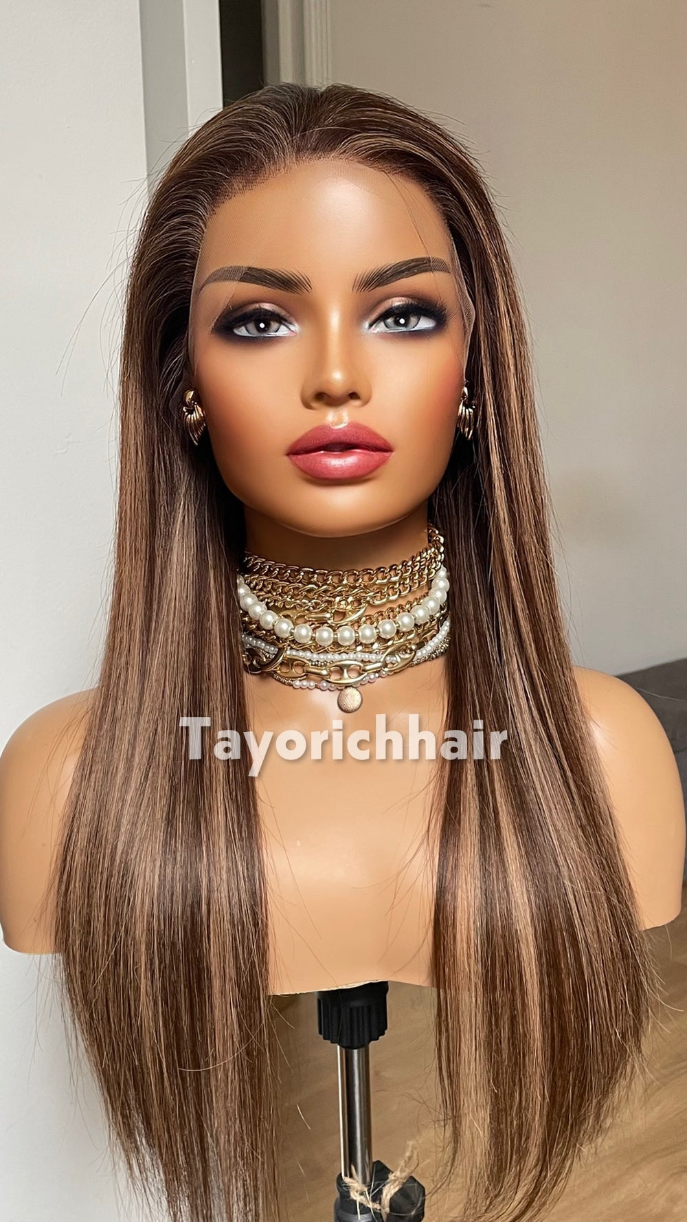 18-Inch Dark Brown & Blonde Human Hair Wig – 13x4 HD Lace Frontal