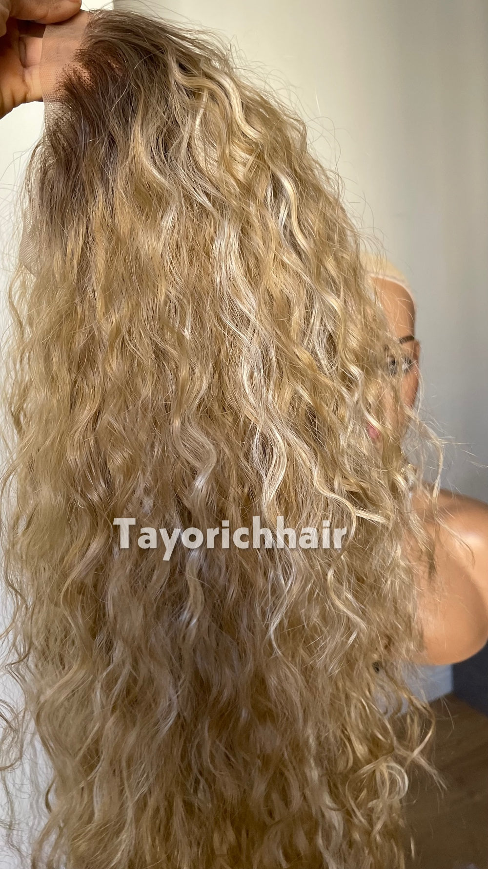 Strawberry Blonde Beach Curly Wig | 22” Layered Heat Safe Synthetic Wig | Blonde Streaks & Dark Roots | 13x3 Transparent Lace | Tayorichhair