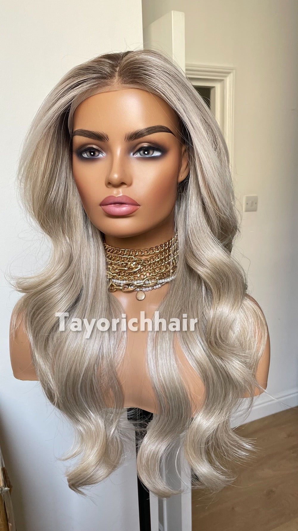 Ash Blonde Wig Lace Front Wig; Dark Roots, Highlights, Wavy Hair, Layered