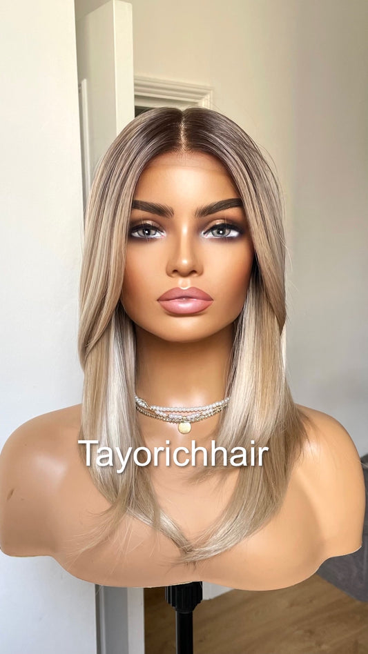 Mixed Blonde Short Hair Wig With Dark Roots/ 12 Inches Mixed Blonde Lace Frontal Wig With Middle Part/ 13 By 6 Wide Lace wig By Tayorichhair