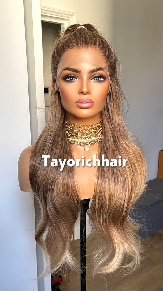 Honey Brown Wig With Blonde Highlights| Long Hair Comfortable Wigs For Women In 24Inches|13by6 Wide Lace-top Wig With Free Part| Pre-plucked Hair-Line Wigs By Tayorichhair