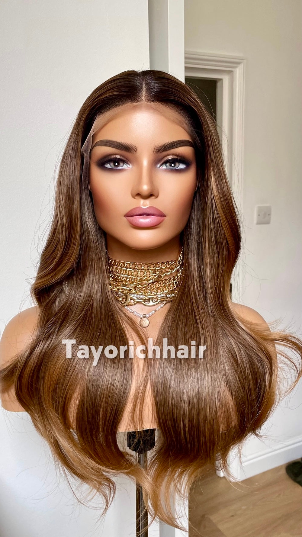 Mixed Caramel Brown Heat Safe Synthetic Lace Front Wig | 20” Wavy Wig | 13x4 Transparent Lace | Middle Part | Tayorichhair