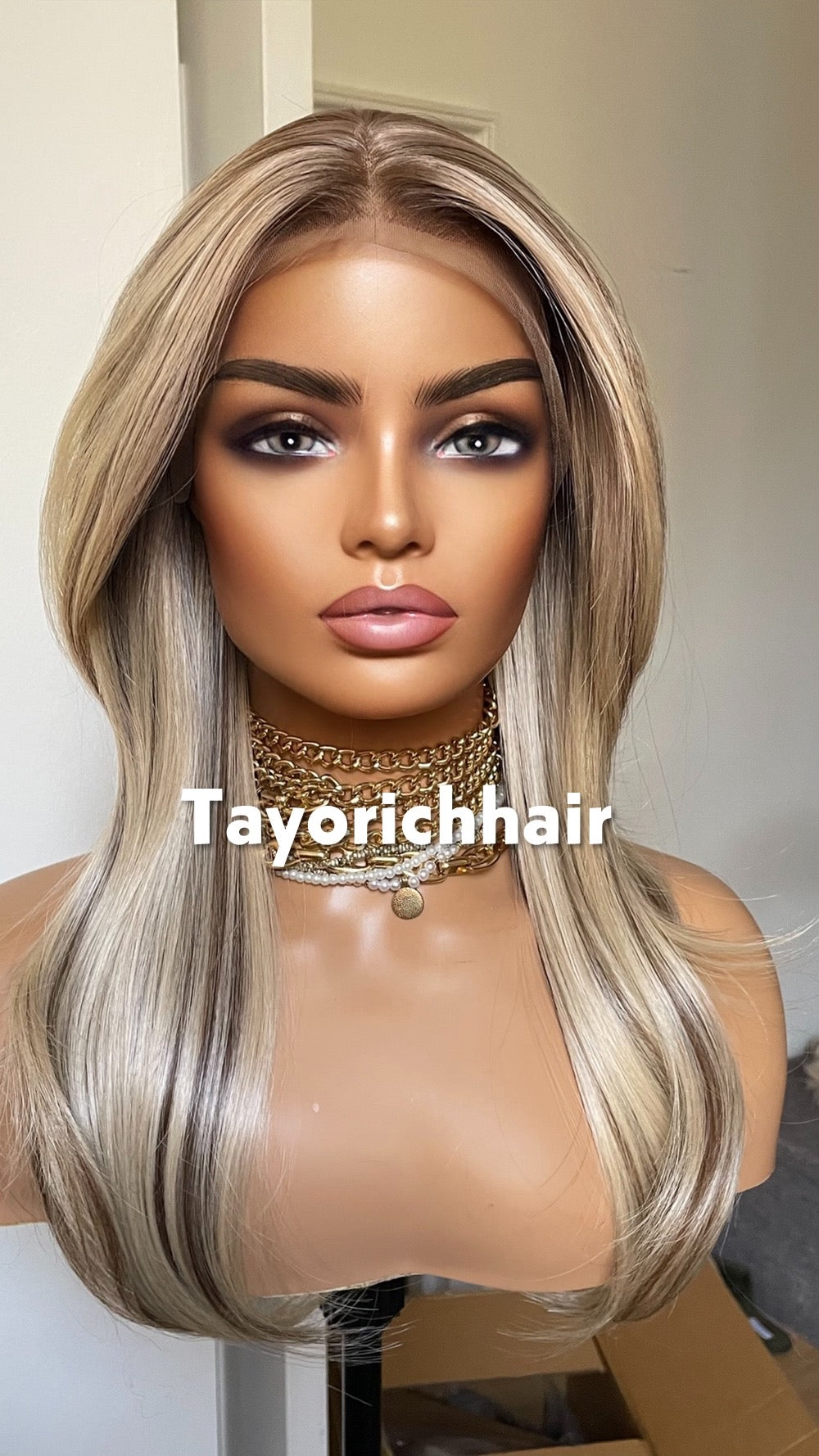 Sunkissed Blonde With Brown Highlights Wig; Lace Frontal Synthetic Wig, 16 Inches, Low Density Wig
