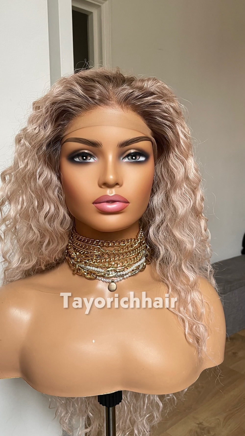 Pale Pink Curly Synthetic Lace Front Wig with Brown Roots – 22 Inch