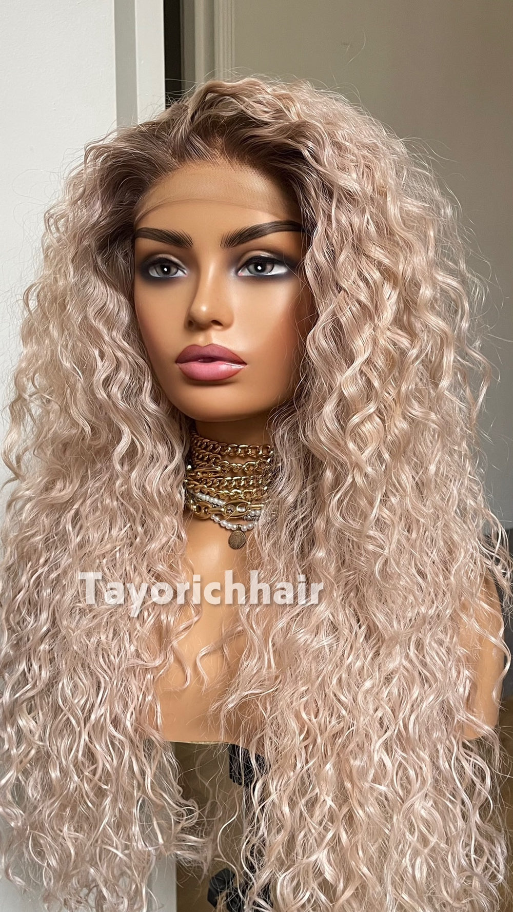 Pale Pink Curly Synthetic Lace Front Wig with Brown Roots – 22 Inch