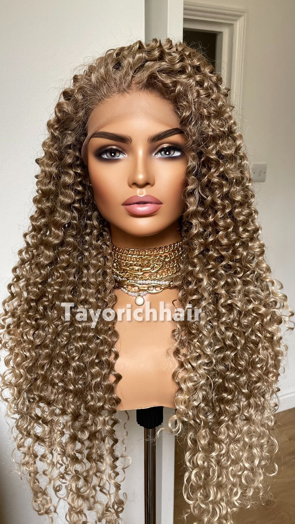 TayoRichHair | 24" Natural Ash Blonde Deep Spiral Curl Lace Front Wig (13x6 Lace)