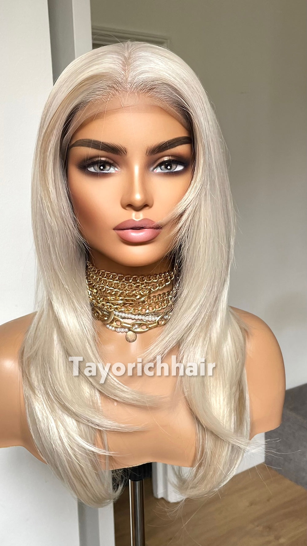Tayorichhair Premium 16" Heat-Safe Synthetic Hair Wig – Platinum Blonde with Mild Lowlights, Pre-Plucked 13x6 Deep Lace Front (Free Parting)